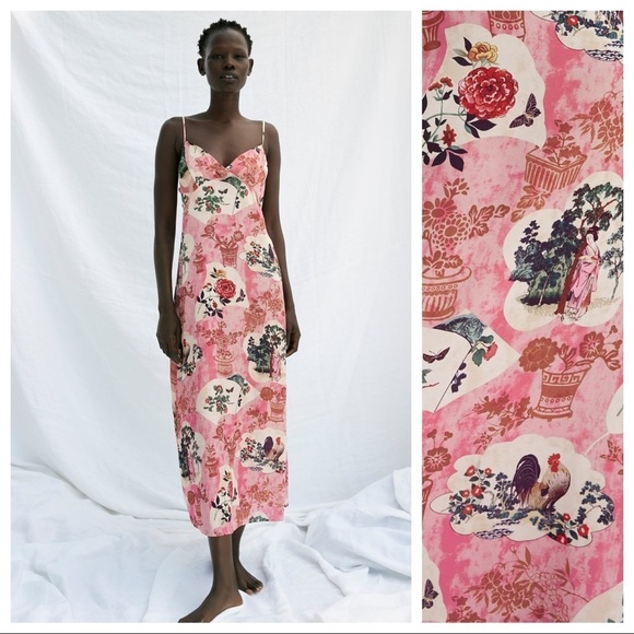 Zara Dresses & Skirts - NWT. Zara Pink Printed Midi Dress with V-neckline. Size S.